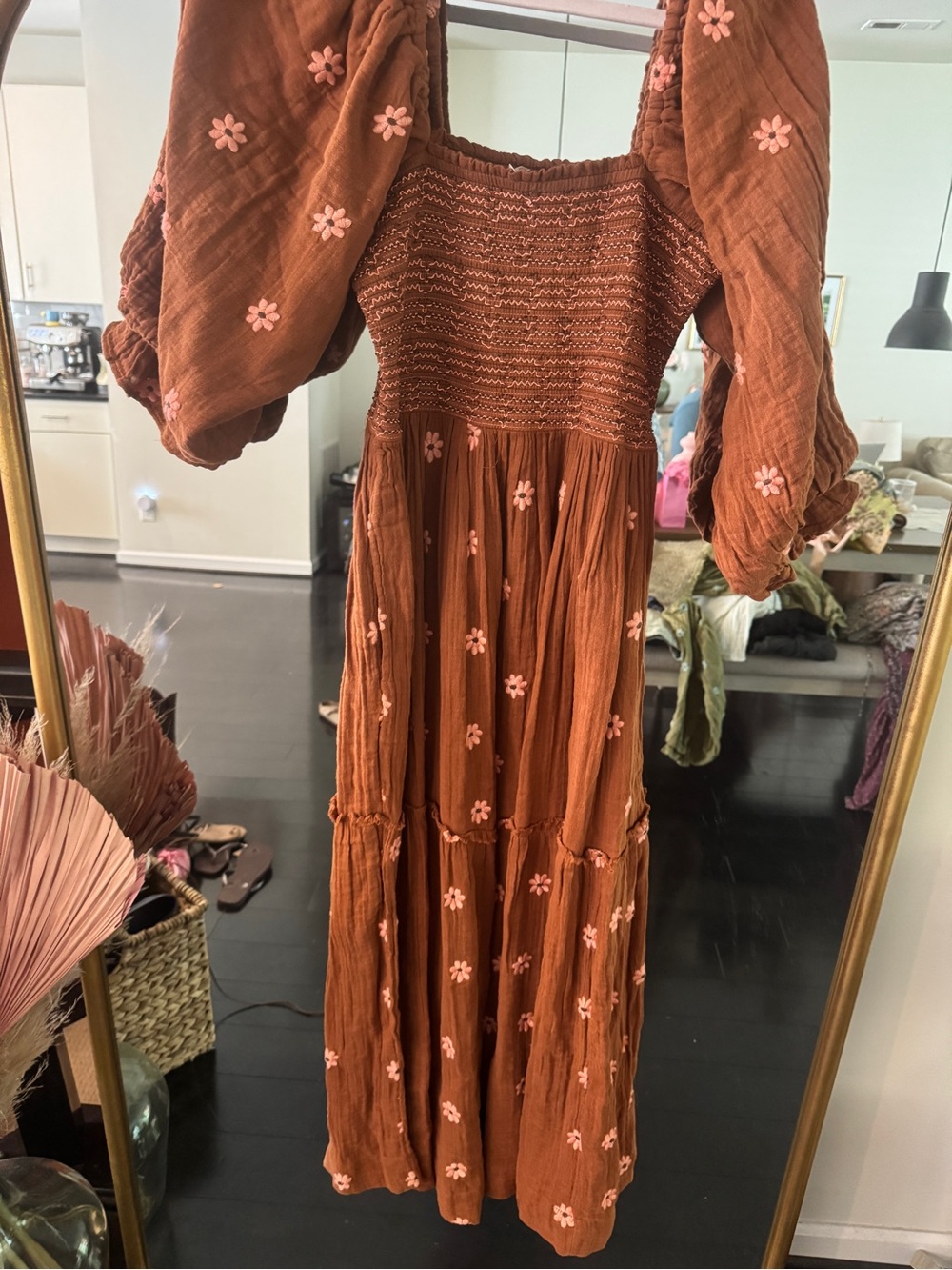 Free People Rust Maxi Dress with Pink Floral Embroidery